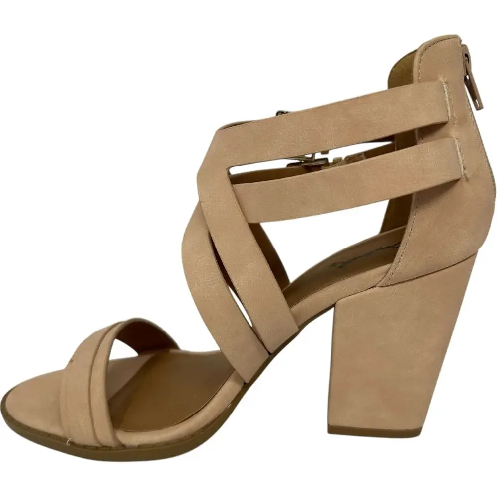 Qupid‎ Strappy Block Heel Sandal 7.5 Nude Tan Crossover Ankle Strap Chunky Boho
